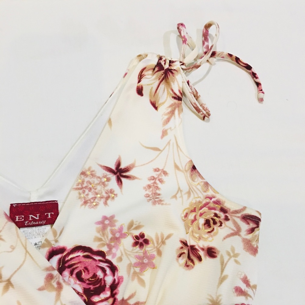 Cream and Pink Floral Mermaid Flare Dress with Gold Detailed Roses - Picture 6 of 13